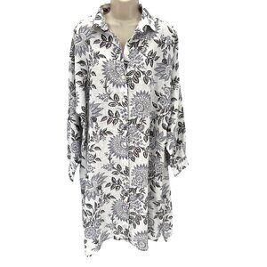NWOT Flax Womens Oversized 100% Linen Floral Gray White Button-Up Tunic Dress S
